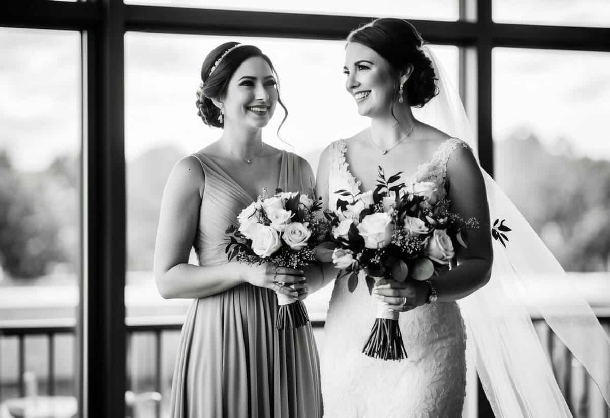A maid of honor stands beside a bride, holding a bouquet and smiling. She is dressed in a matching gown and appears to be supporting the bride