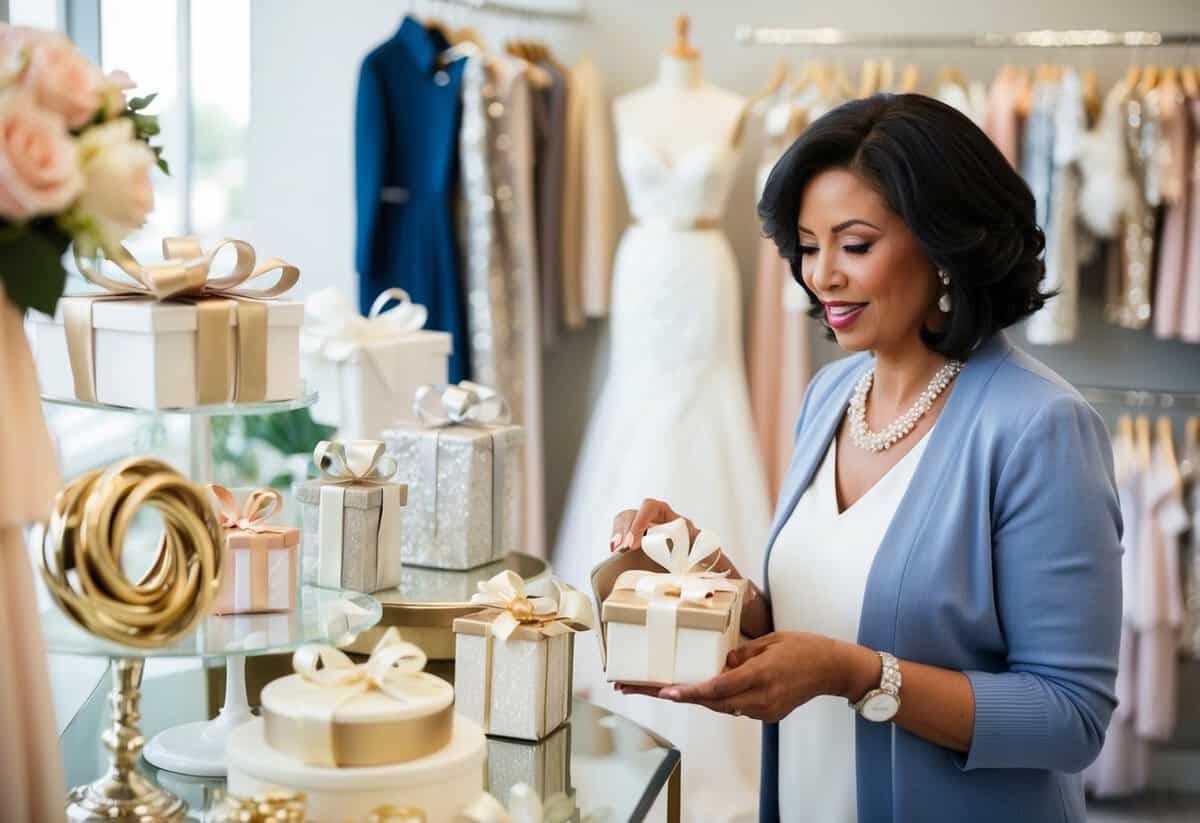 A woman browsing through a variety of elegant gifts at a bridal boutique, considering items for her son's wedding shower