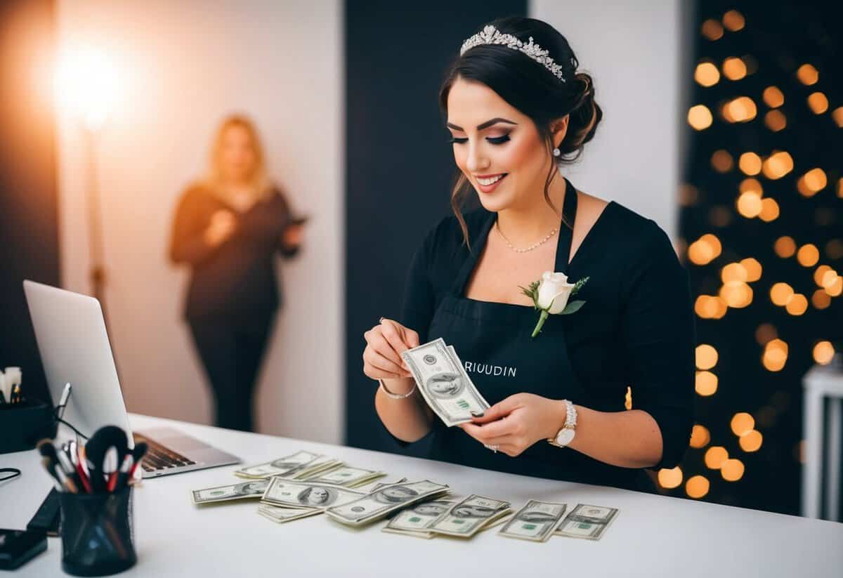 A bridal makeup artist counting money in a UK studio