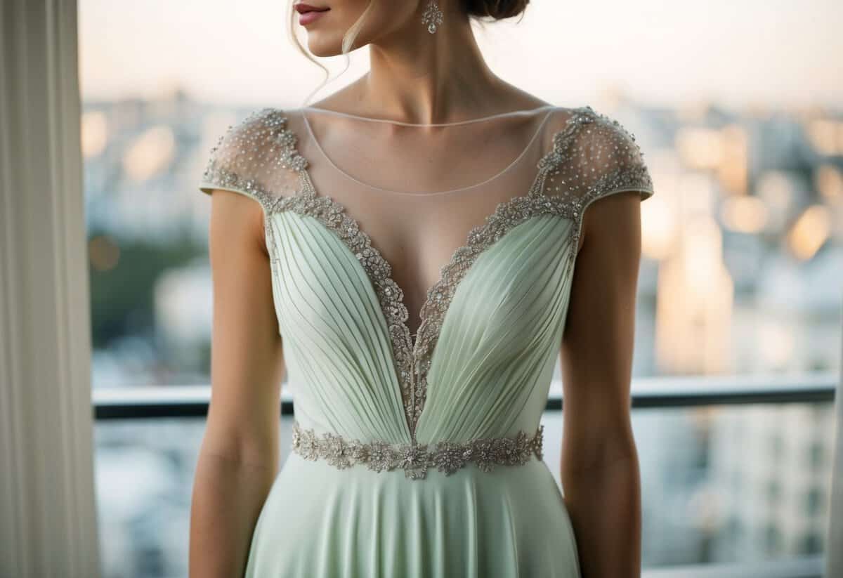 A elegant woman's dress in a soft, pastel color, with delicate lace or beaded details