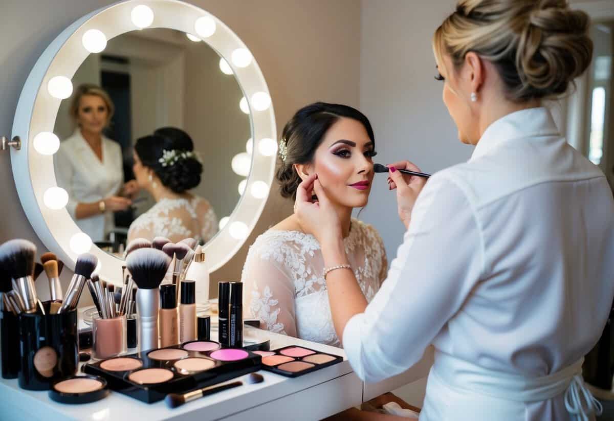 A bridal makeup artist in the UK working on a bride's makeup, surrounded by makeup products and tools, with a mirror and good lighting