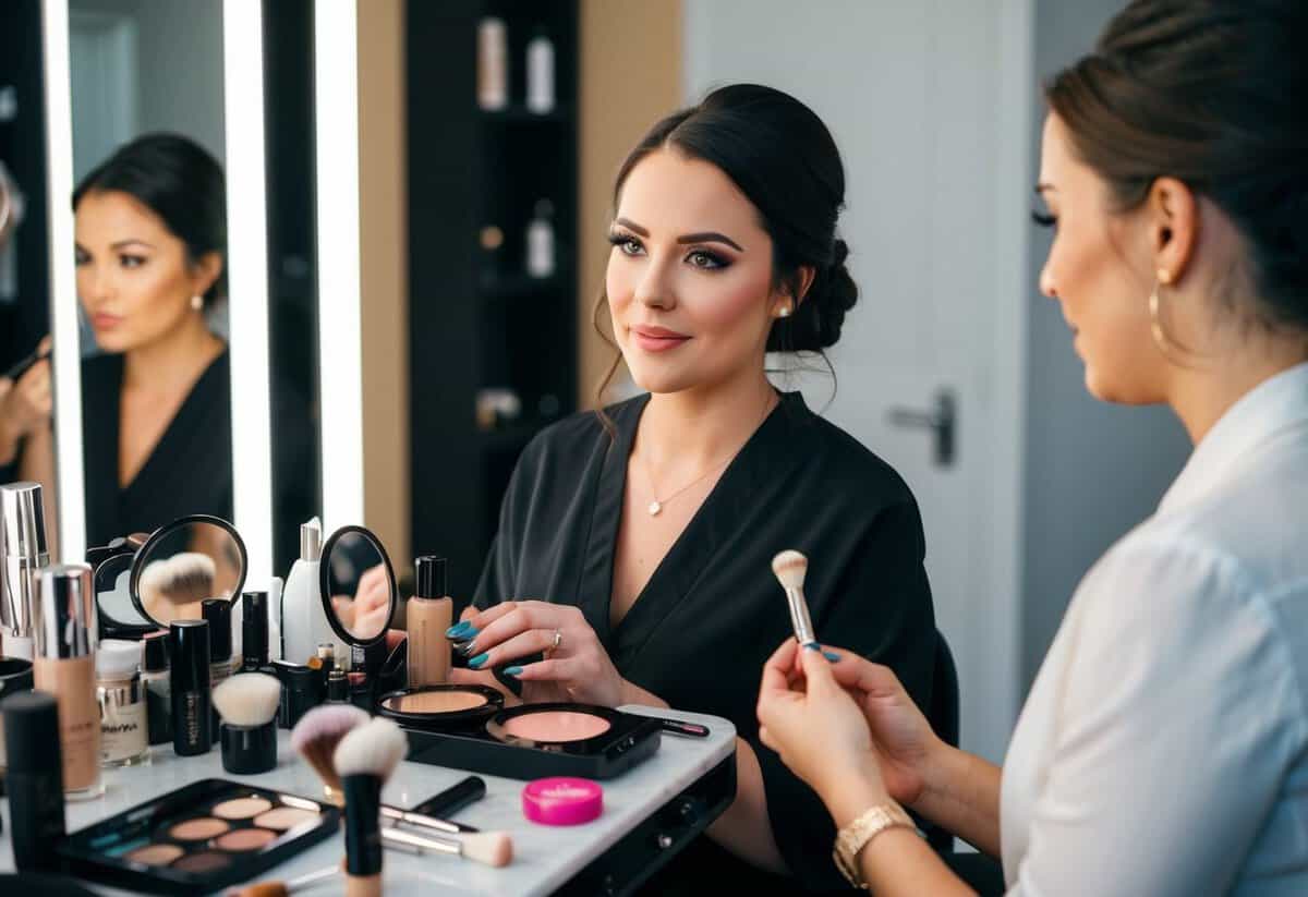 A bridal makeup artist in the UK working on a client, surrounded by a variety of makeup products and tools, with a mirror and good lighting