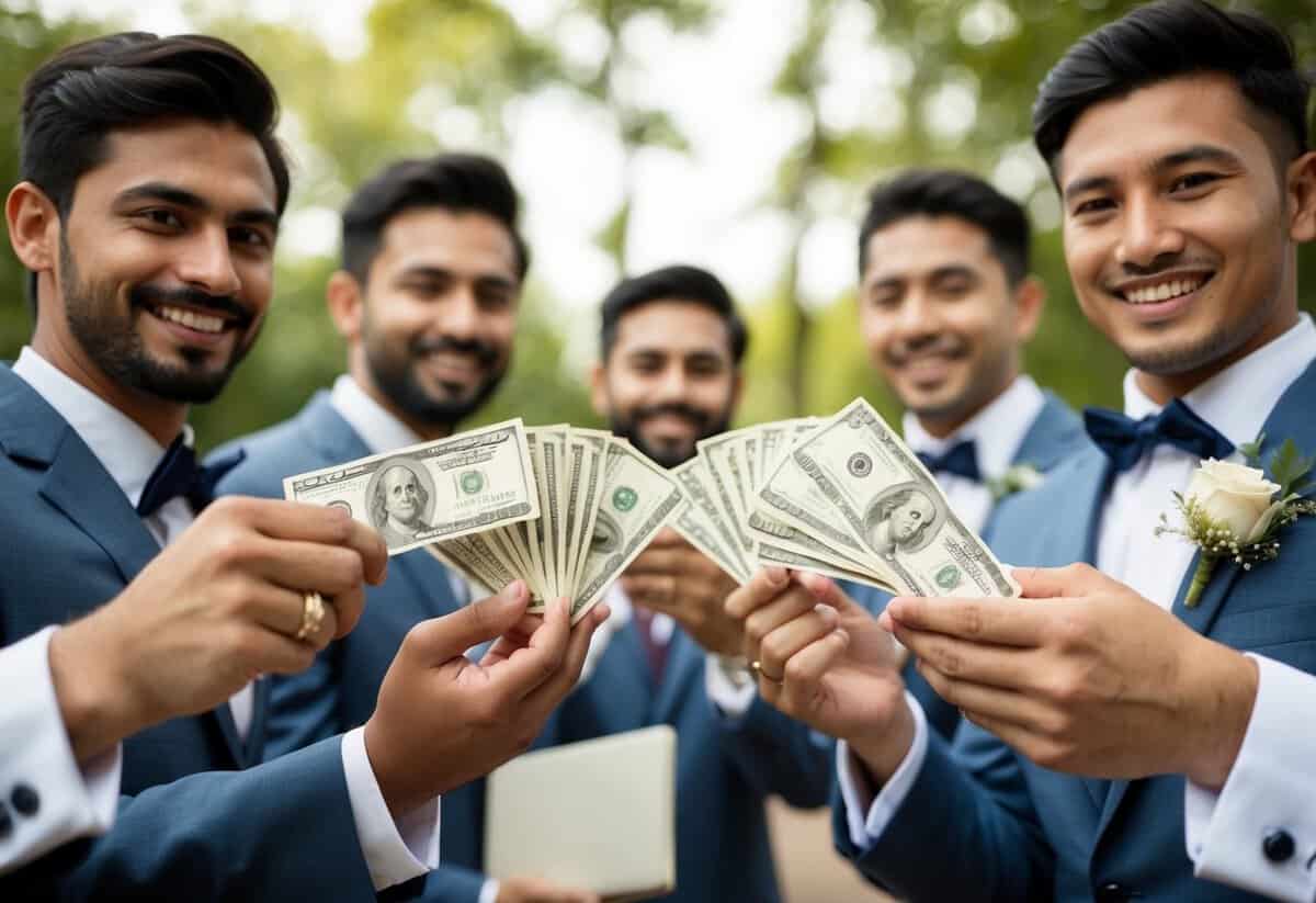 Groomsmen pooling money for wedding expenses, including attire, travel, and accommodations