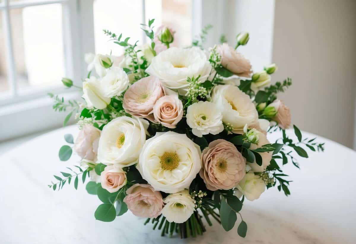 A bouquet of elegant white and blush flowers arranged in a tasteful and sophisticated manner, suitable for the mother of the bride