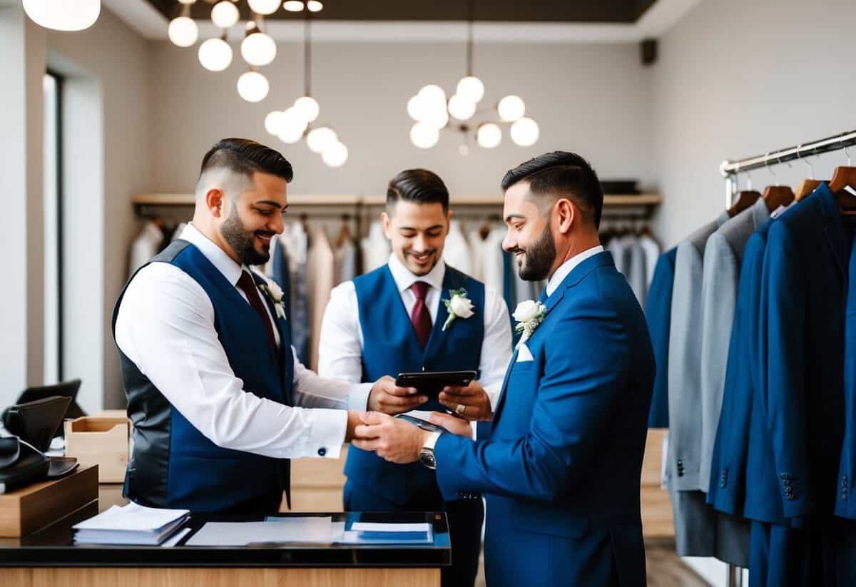 Groomsmen paying for attire at a formal wear shop