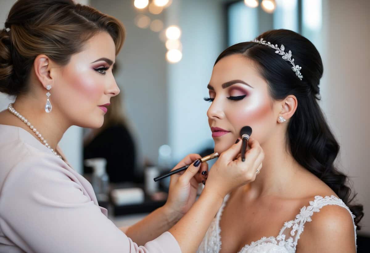 A makeup artist applies bridal makeup with soft, romantic colors. Professional makeup features bold, defined features for a more dramatic look