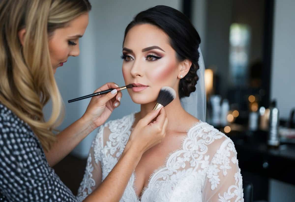 A makeup artist applies bridal makeup with soft, romantic colors, while professional makeup features bold, dramatic tones and precise application techniques
