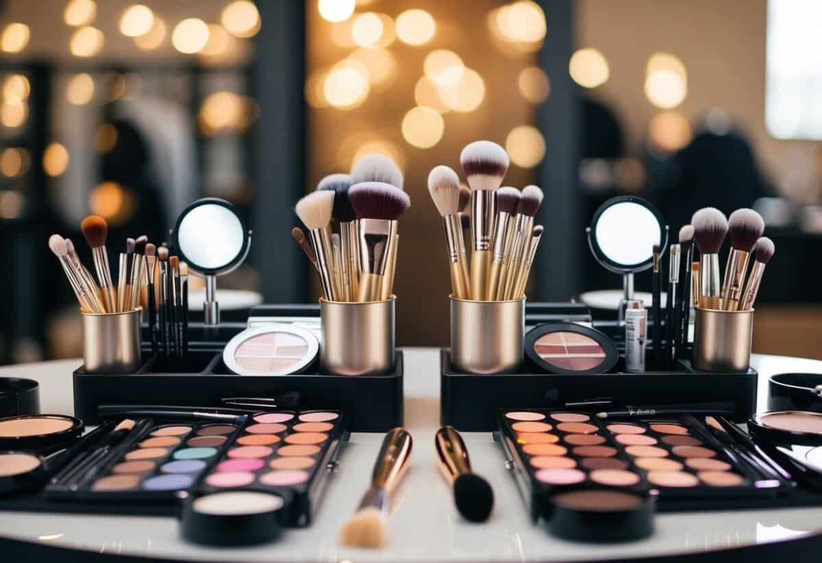 A makeup artist's station with two separate sets of brushes, palettes, and tools for bridal and regular makeup