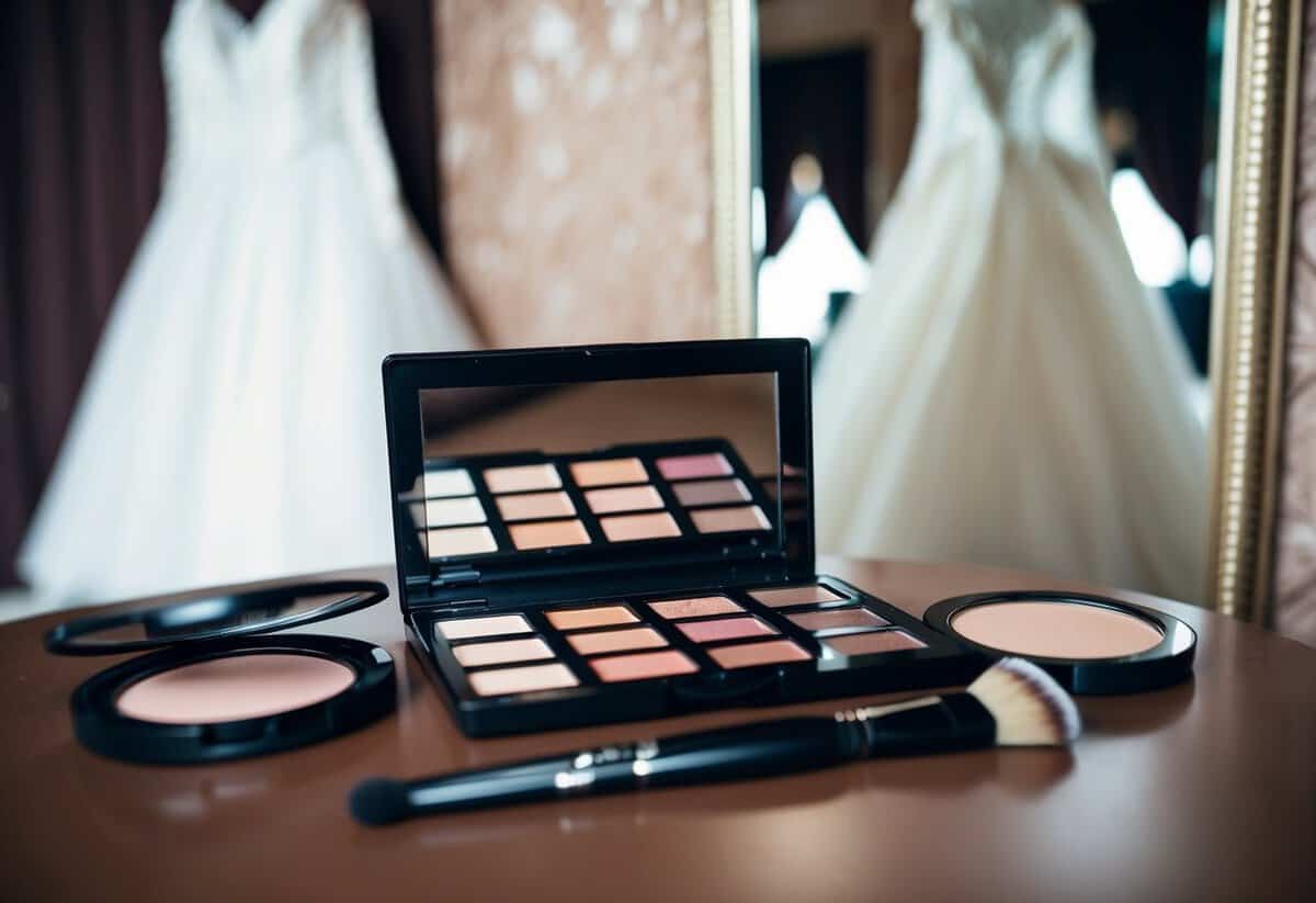 A makeup palette and brush laid out on a table, with a mirror and a wedding dress in the background