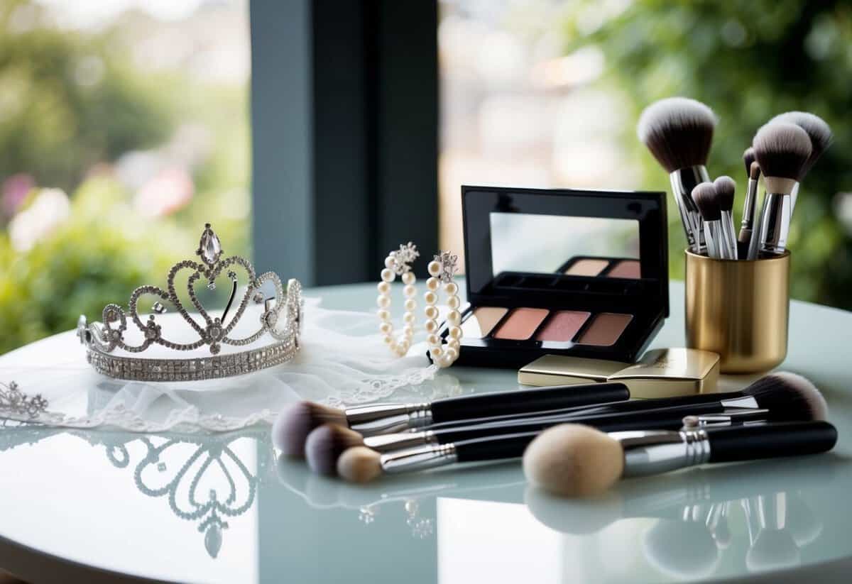 A table displays a tiara, pearl earrings, and a lace veil next to a collection of makeup and brushes