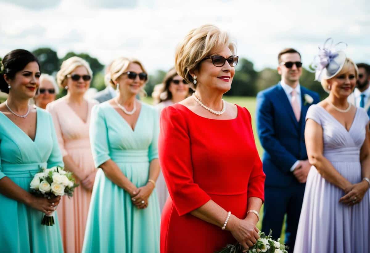 A wedding scene with a mother of the bride wearing a vibrant red dress, standing out among the pastel tones of the other guests' attire