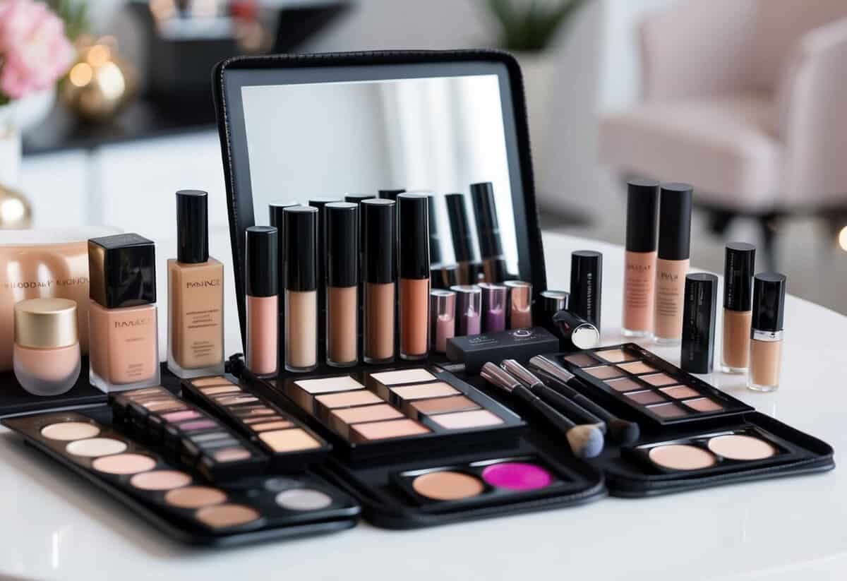 A makeup artist's kit open on a table, filled with various shades of foundation, eyeshadow palettes, and lipstick tubes