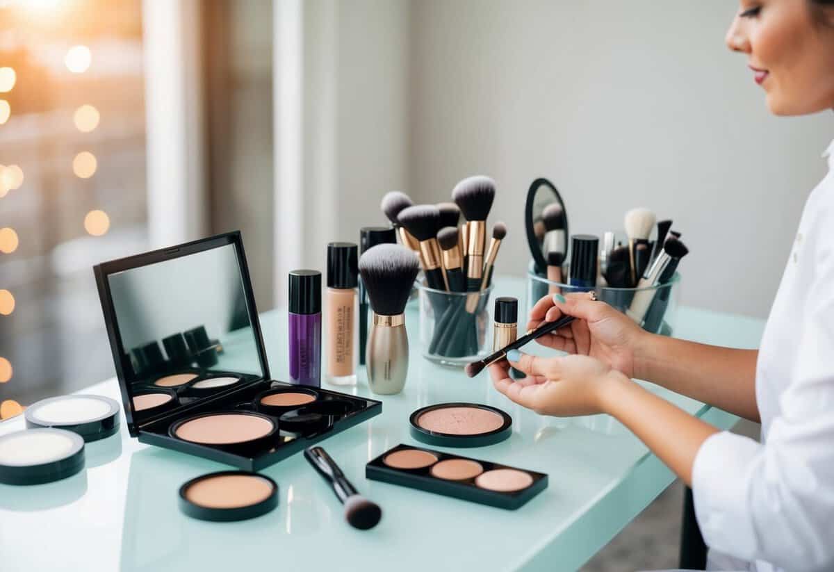 A wedding makeup artist selects and arranges various makeup products on a clean and organized table