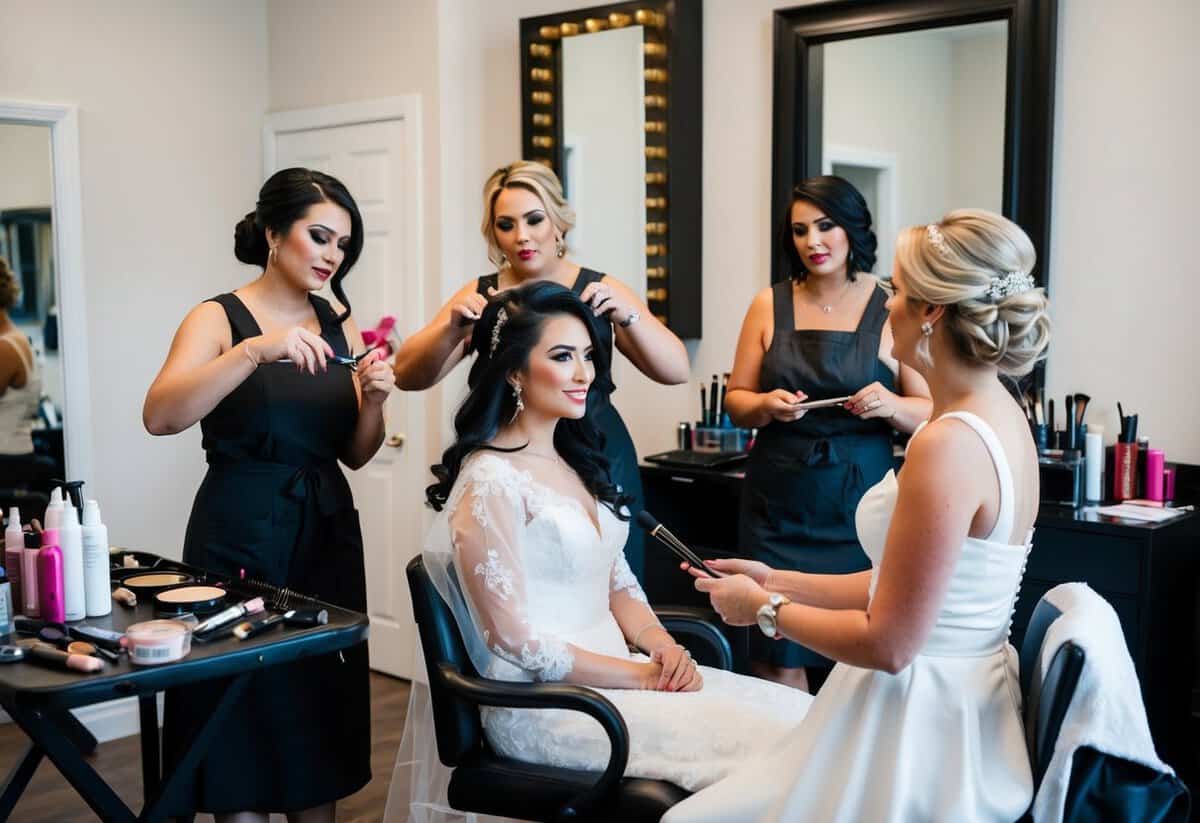 A bride sits in a chair as a hairstylist and makeup artist work simultaneously, deciding the order of appointments. Makeup products and hair tools are spread out on a nearby table