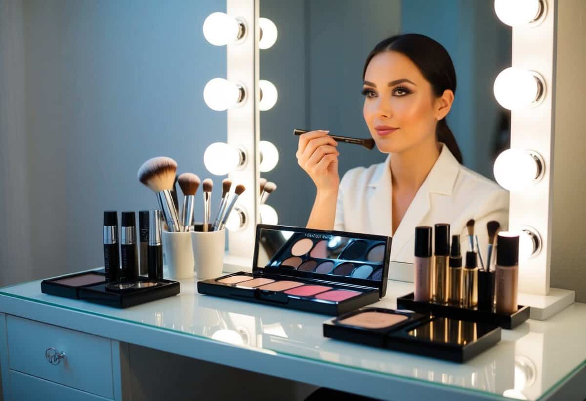 A makeup artist arranges cosmetics in order of use on a clean, well-lit vanity