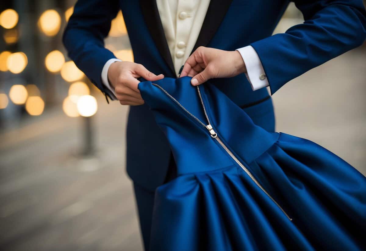 A dress is being zipped up by a figure in a formal outfit