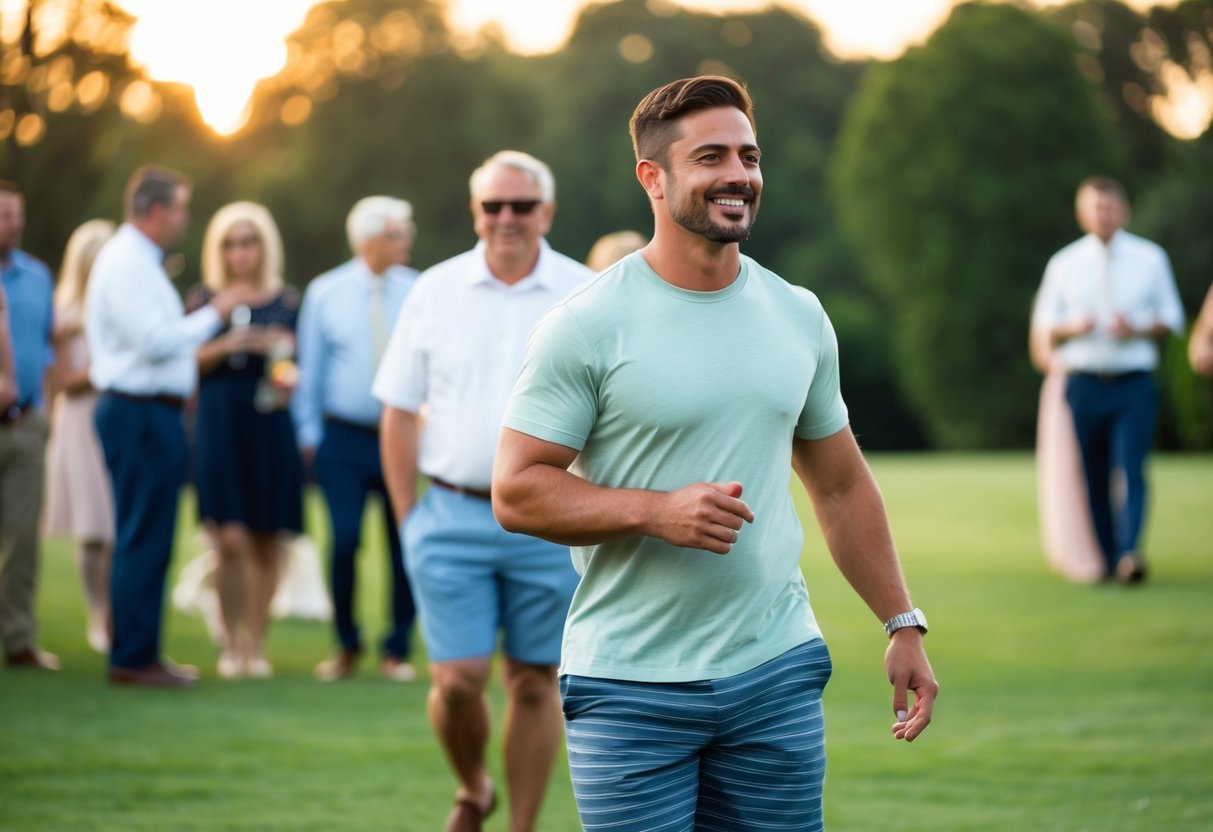 A wedding guest wearing a casual t-shirt and shorts