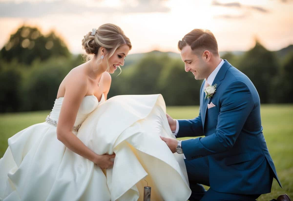 The groom kneels and lifts the bride's dress, revealing a hidden object