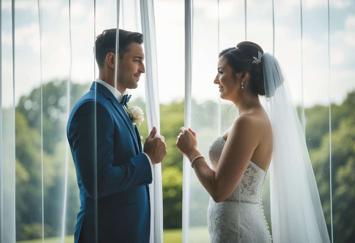 A bride and groom separated by a sheer curtain, representing the tradition of not seeing each other before the wedding