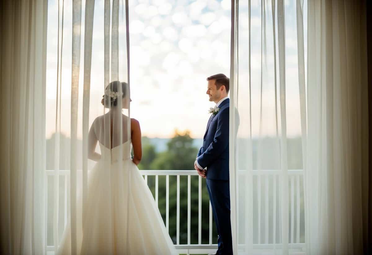 A bride stands behind a sheer curtain, her silhouette visible to the groom waiting on the other side