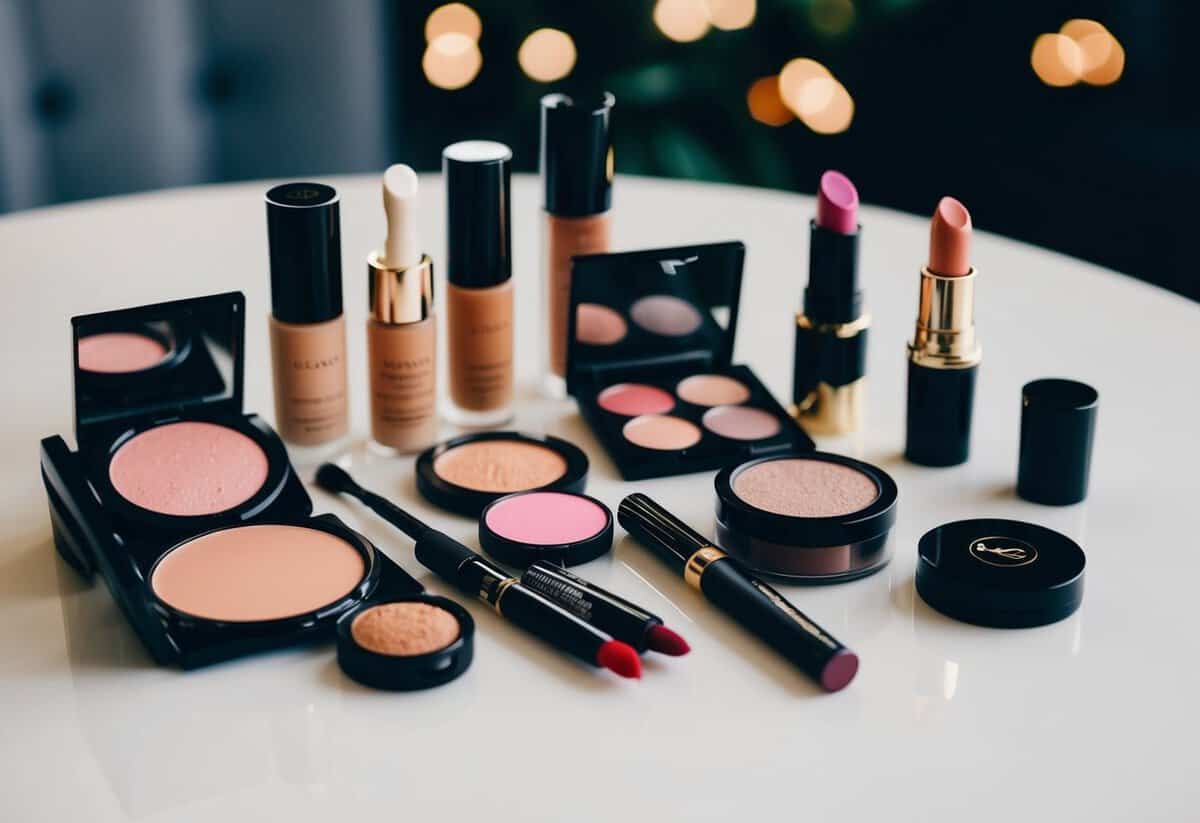 A table with various makeup products arranged neatly, including foundation, blush, eyeshadow, mascara, and lipstick