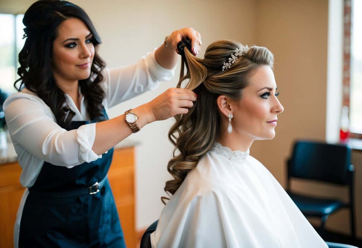 A bride sits in a chair as a hairstylist carefully styles her hair the day before her wedding