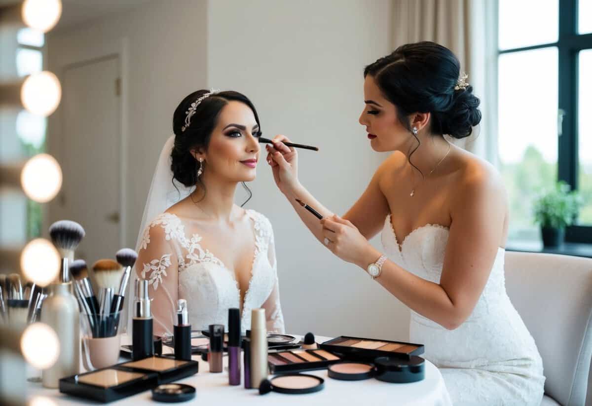 A bride sitting in a well-lit room, surrounded by a variety of makeup products and brushes, as a makeup artist carefully applies makeup to her face