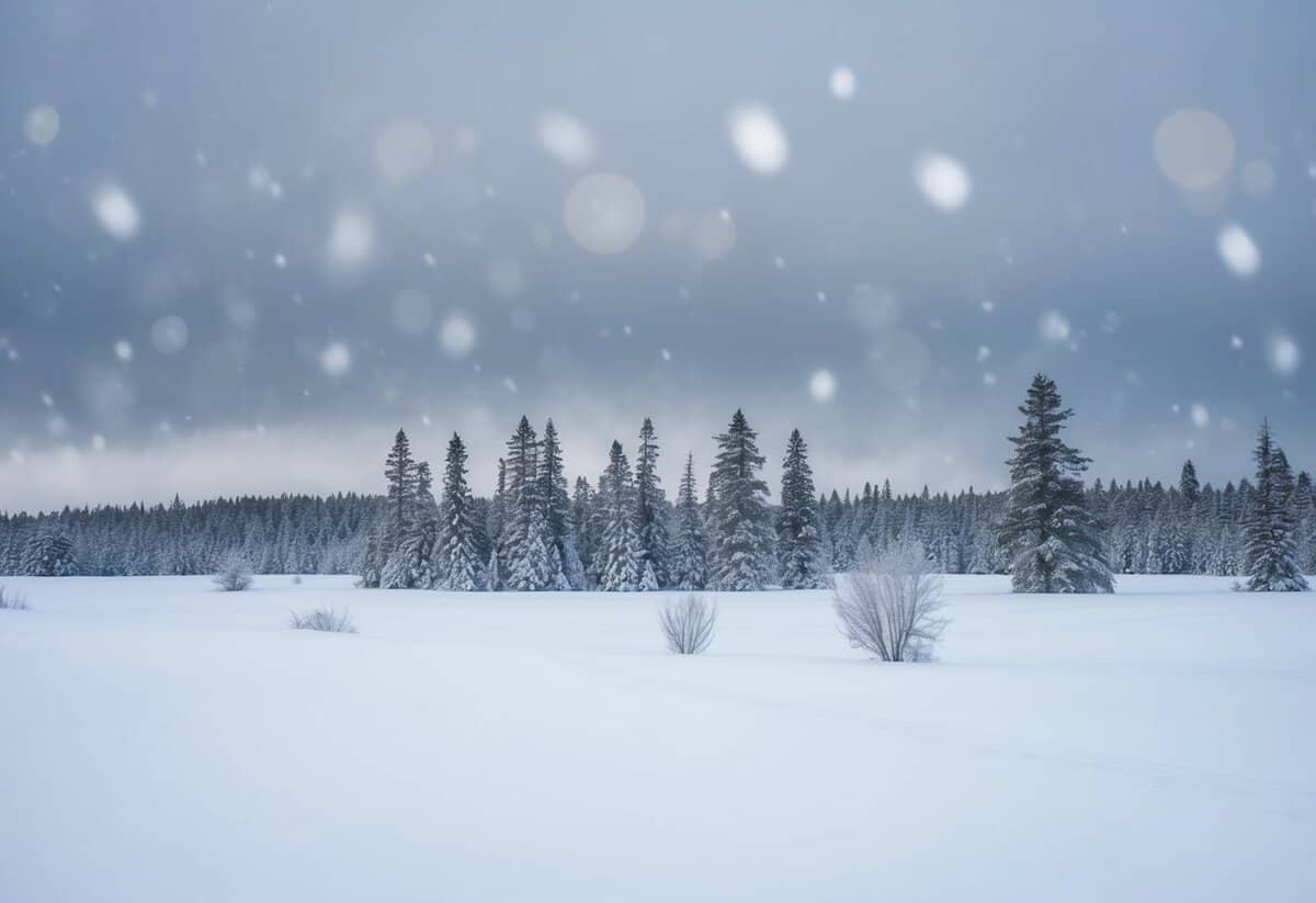 A desolate winter landscape with snow-covered trees and a cold, gray sky