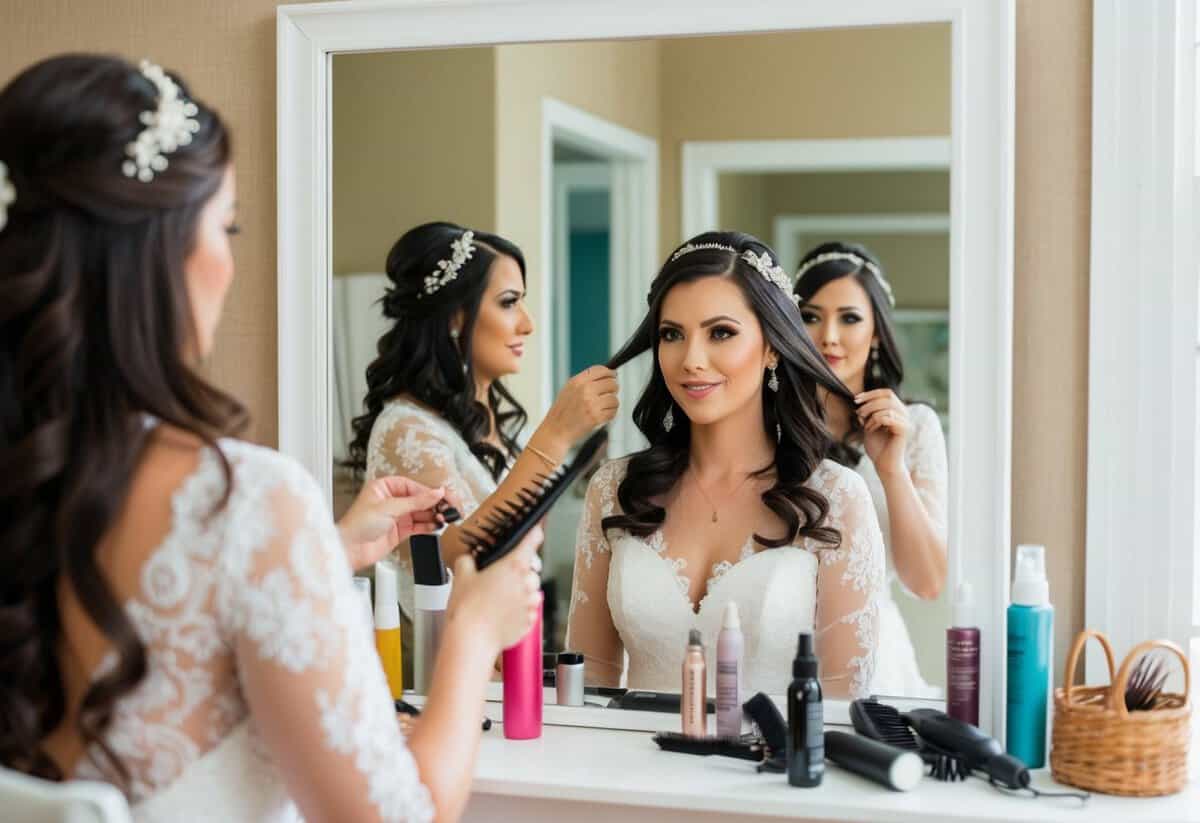 A bride sits in front of a mirror, surrounded by hair styling tools and products. She carefully arranges her hair, practicing different styles for her upcoming wedding