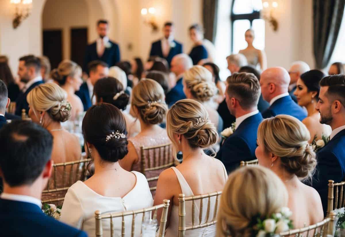A group of wedding guests with various hairstyles, some wearing their hair up and others wearing it down, gathered in a elegant venue