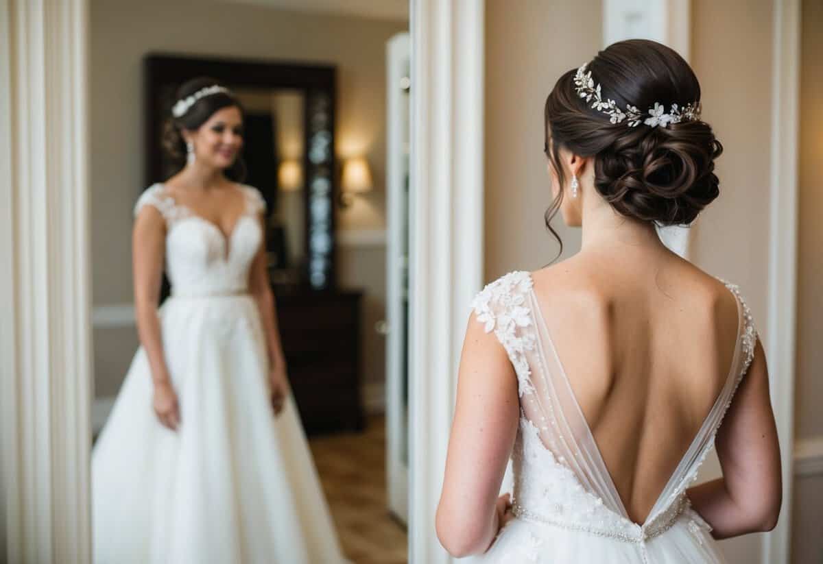 A bride in a flowing white gown stands in front of a mirror, her hair swept up in an elegant and intricate updo, adorned with delicate flowers and sparkling hairpins
