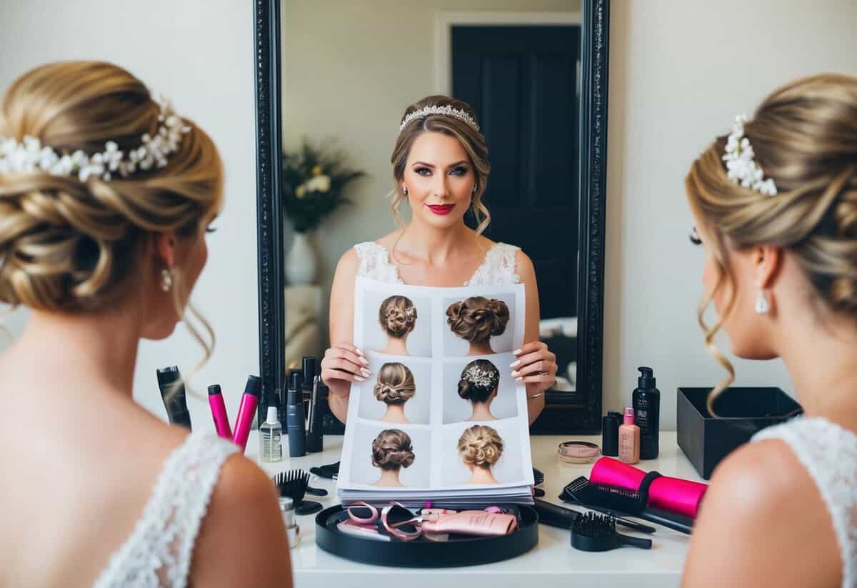 A bride sits in front of a mirror, surrounded by hairstyling tools and accessories. She gazes at different updo options in a bridal magazine, contemplating her hairstyle for the big day