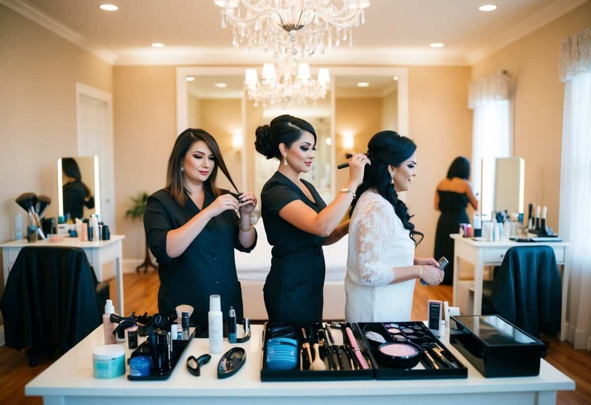 A hairstylist and makeup artist work simultaneously in a well-lit, spacious bridal suite. Various tools and products are neatly organized on a table