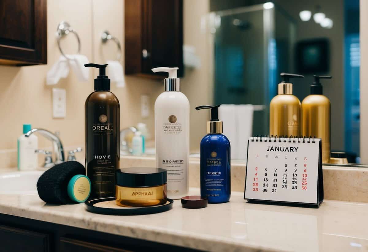 A woman's hair care products laid out on a bathroom counter, with a calendar showing the date of her upcoming wedding