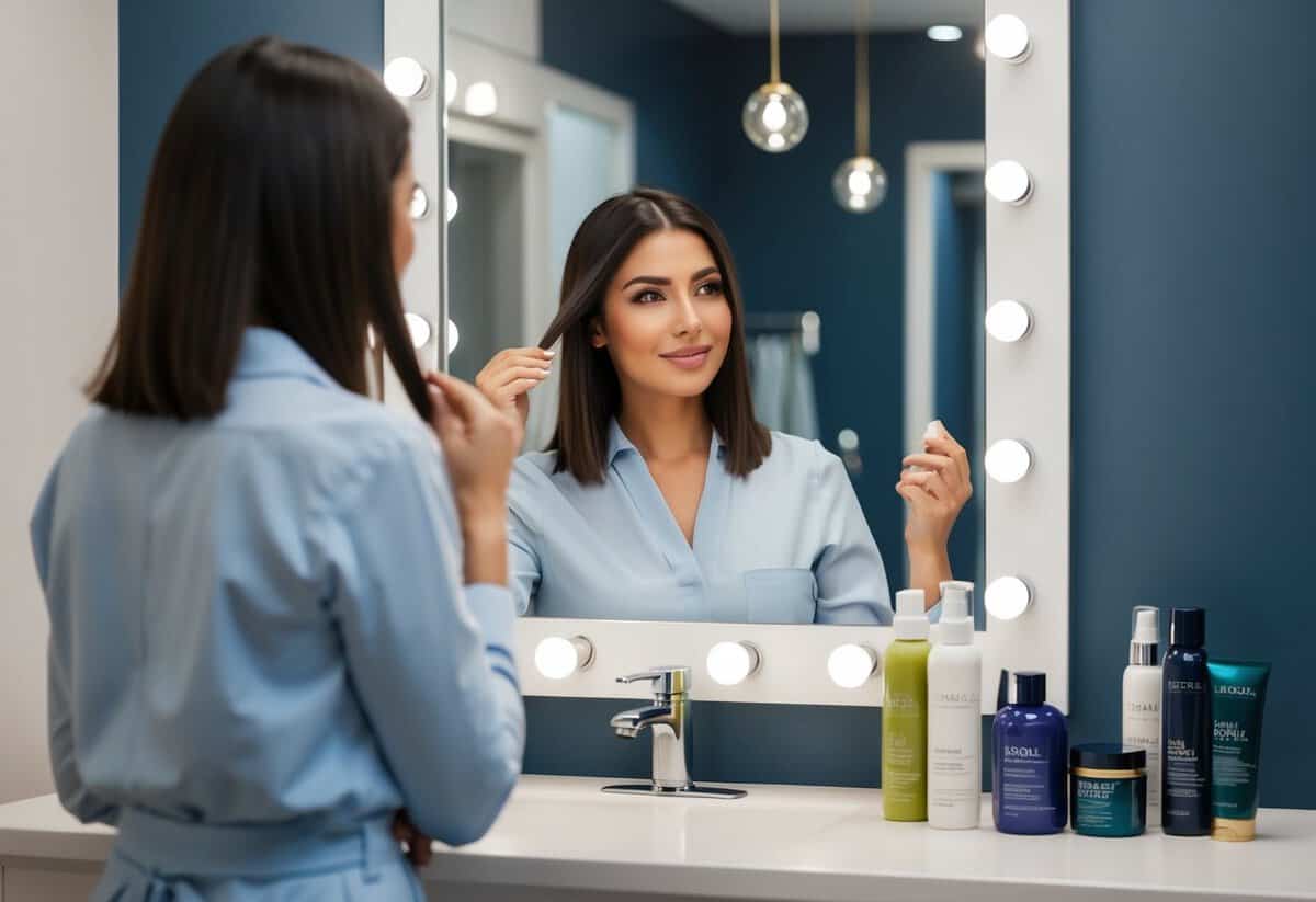 A woman standing in front of a mirror, examining her hair type and texture, with various hair care products displayed on the counter