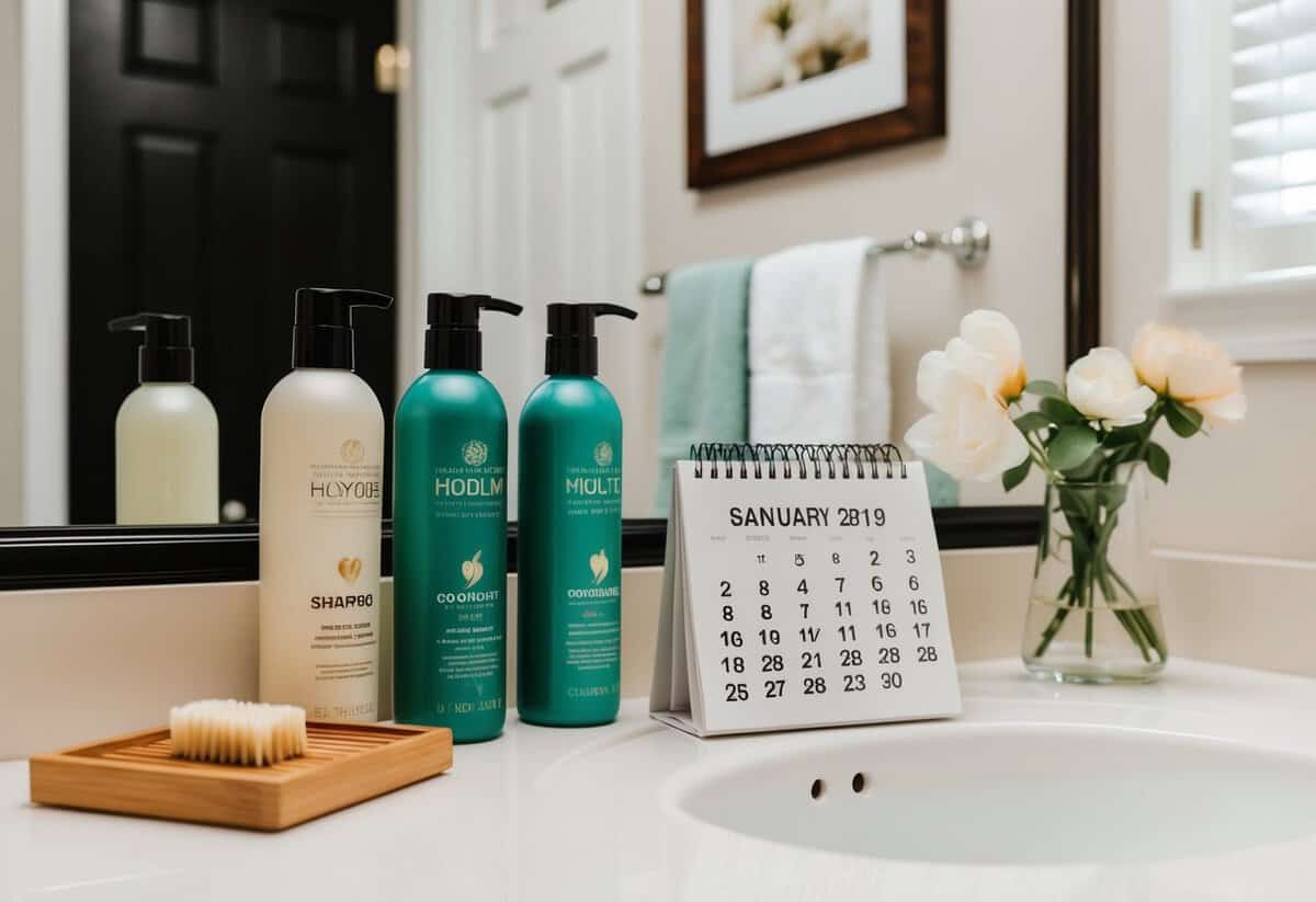 A bathroom counter with shampoo, conditioner, and a calendar indicating the wedding date