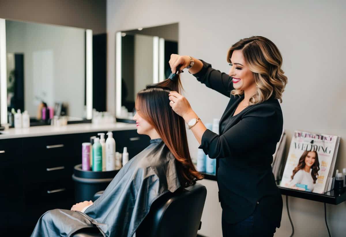 A woman sitting in a salon chair, with a hairstylist applying hair color, surrounded by hair care products and wedding magazines