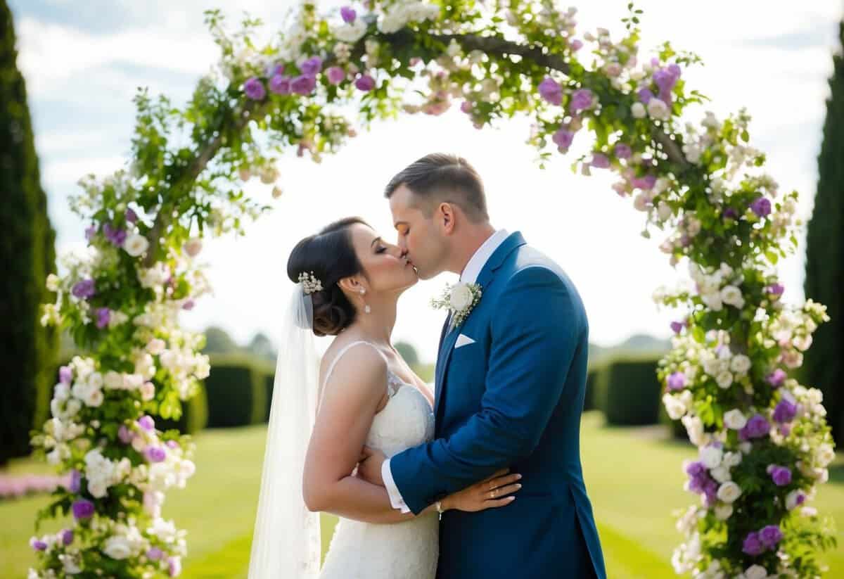 A bride and groom kiss under a blooming archway, symbolizing their unity and commitment in marriage
