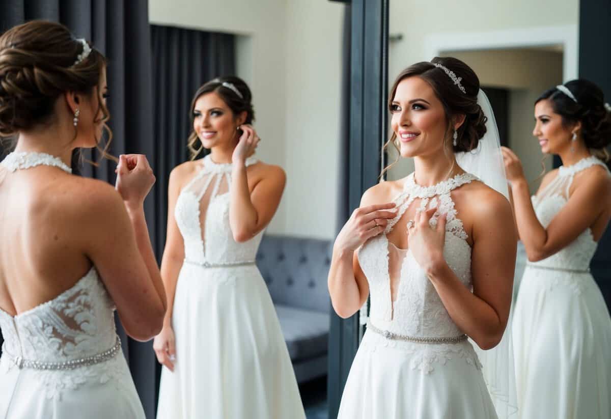 A bride stands in front of a mirror, wearing a wedding dress with a variety of neckline styles. She is experimenting with different hairstyles, considering whether to wear her hair down for the big day