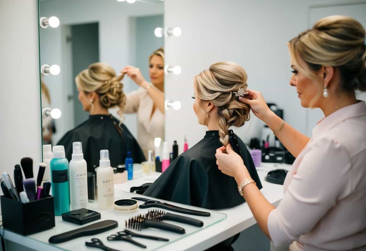 A hairstylist carefully arranging bridal hair in an elegant updo, surrounded by a variety of styling tools and products on a clean, organized workstation