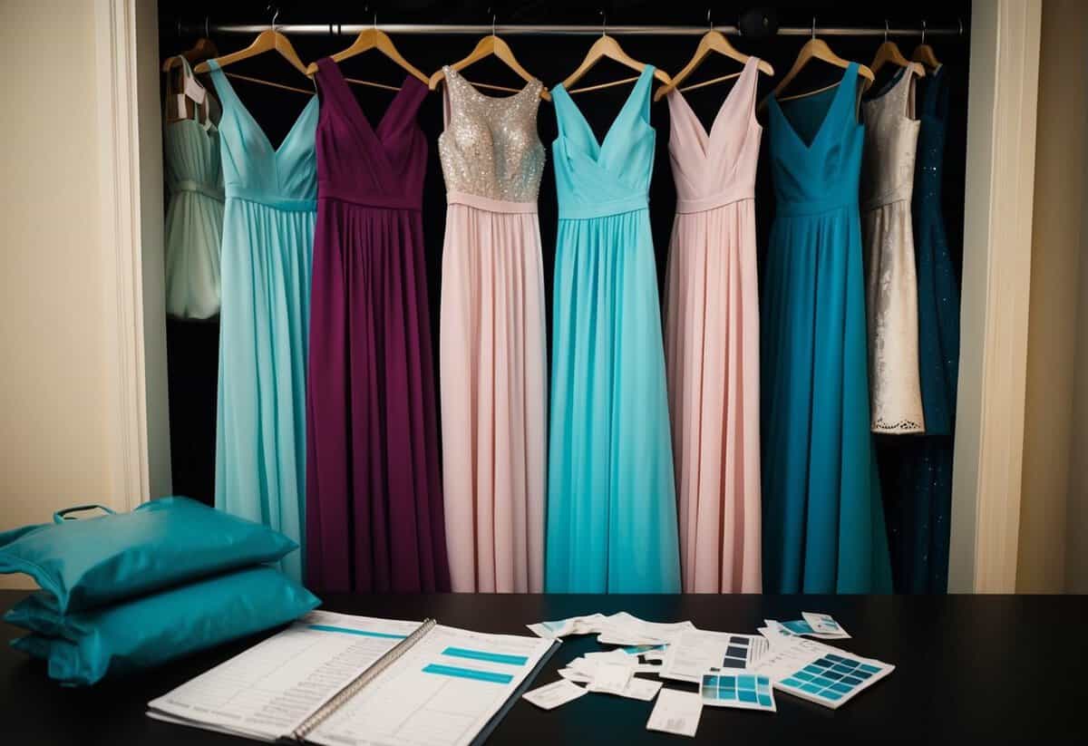 Bridesmaid dresses hung in a closet, some in garment bags, others on hangers. A budget spreadsheet lay open on a desk, with receipts and swatches scattered around