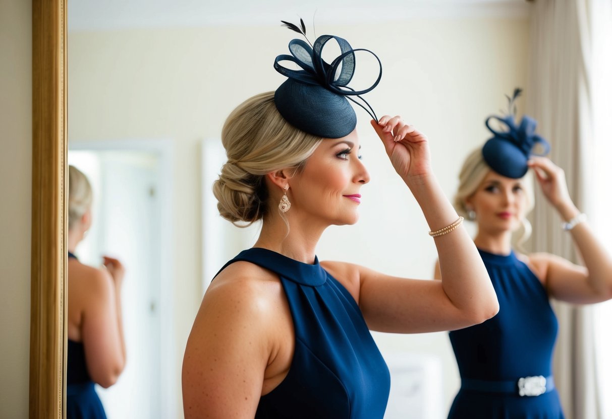 A woman stands in front of a mirror, adjusting a fascinator on the right side of her head, preparing for a wedding