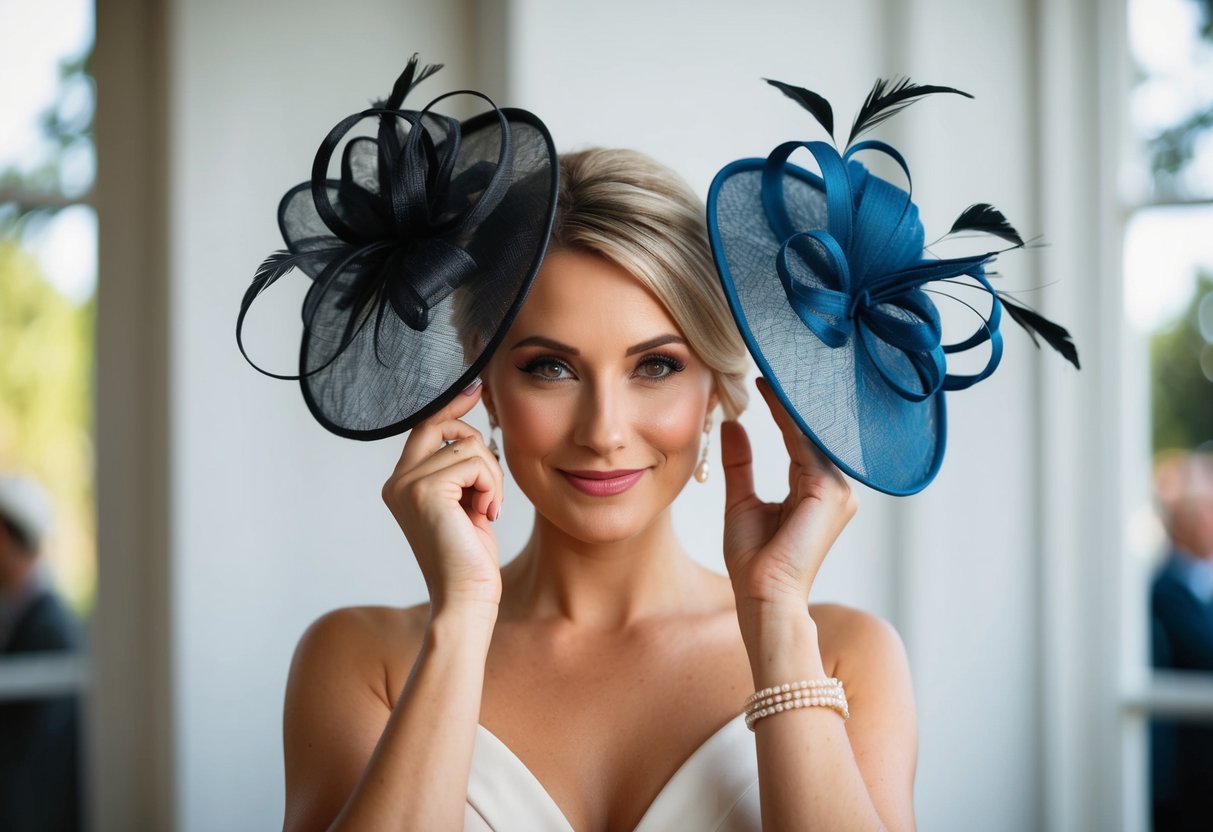 A woman holds two fascinators, one on each side of her head, deciding which to wear for a wedding