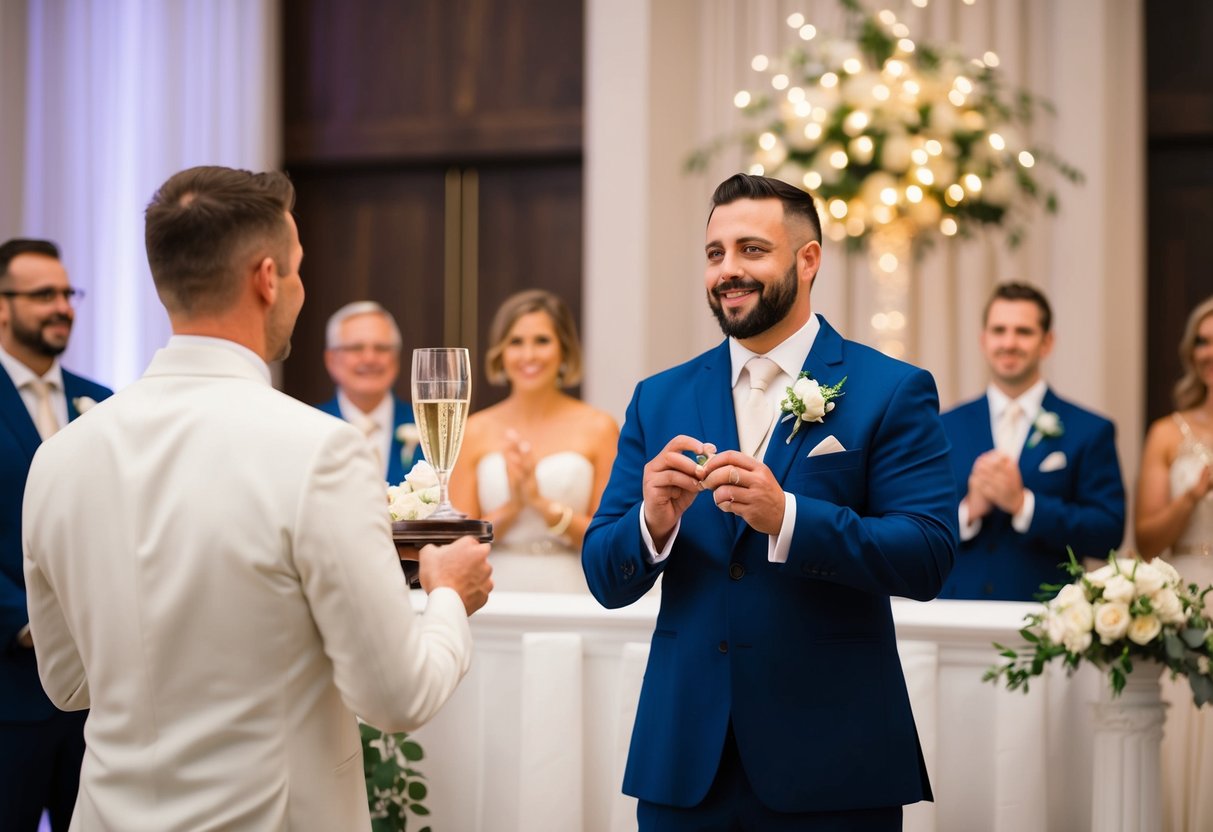 The best man stands at the altar, holding the wedding rings and offering a toast at the reception