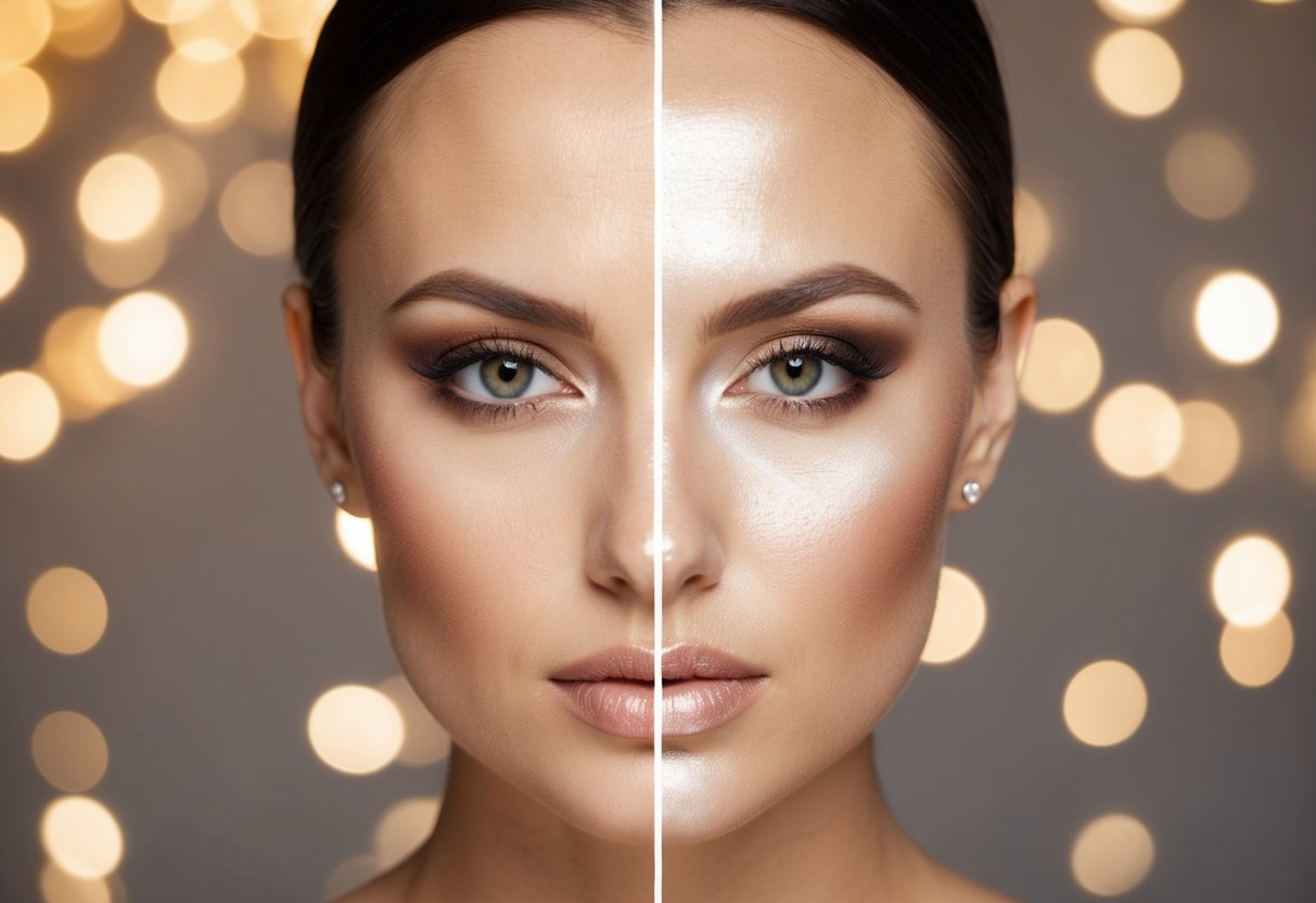 A woman's face split in half, one side with natural day makeup and the other with glamorous bridal makeup