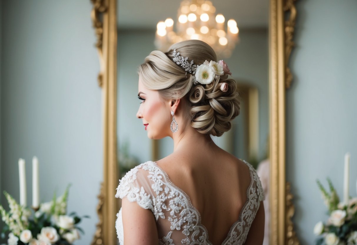 A woman with elegant updo and cascading curls, adorned with flowers and intricate hair accessories, standing in front of a grand, ornate mirror