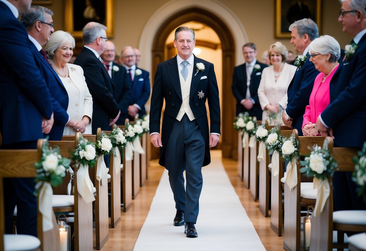 A figure in formal attire leads the procession down the aisle in a traditional British setting