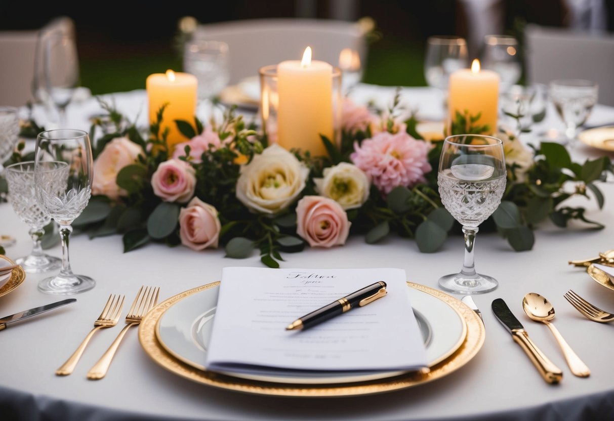 A beautifully decorated table with an elegant pen and paper set, surrounded by flowers and candles, sits empty at a wedding reception