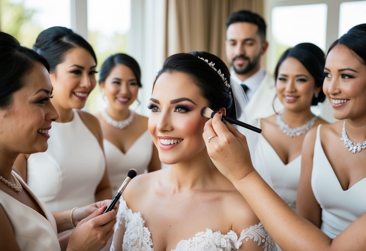 A makeup artist applies finishing touches to the radiant bride, surrounded by her cohesive wedding party