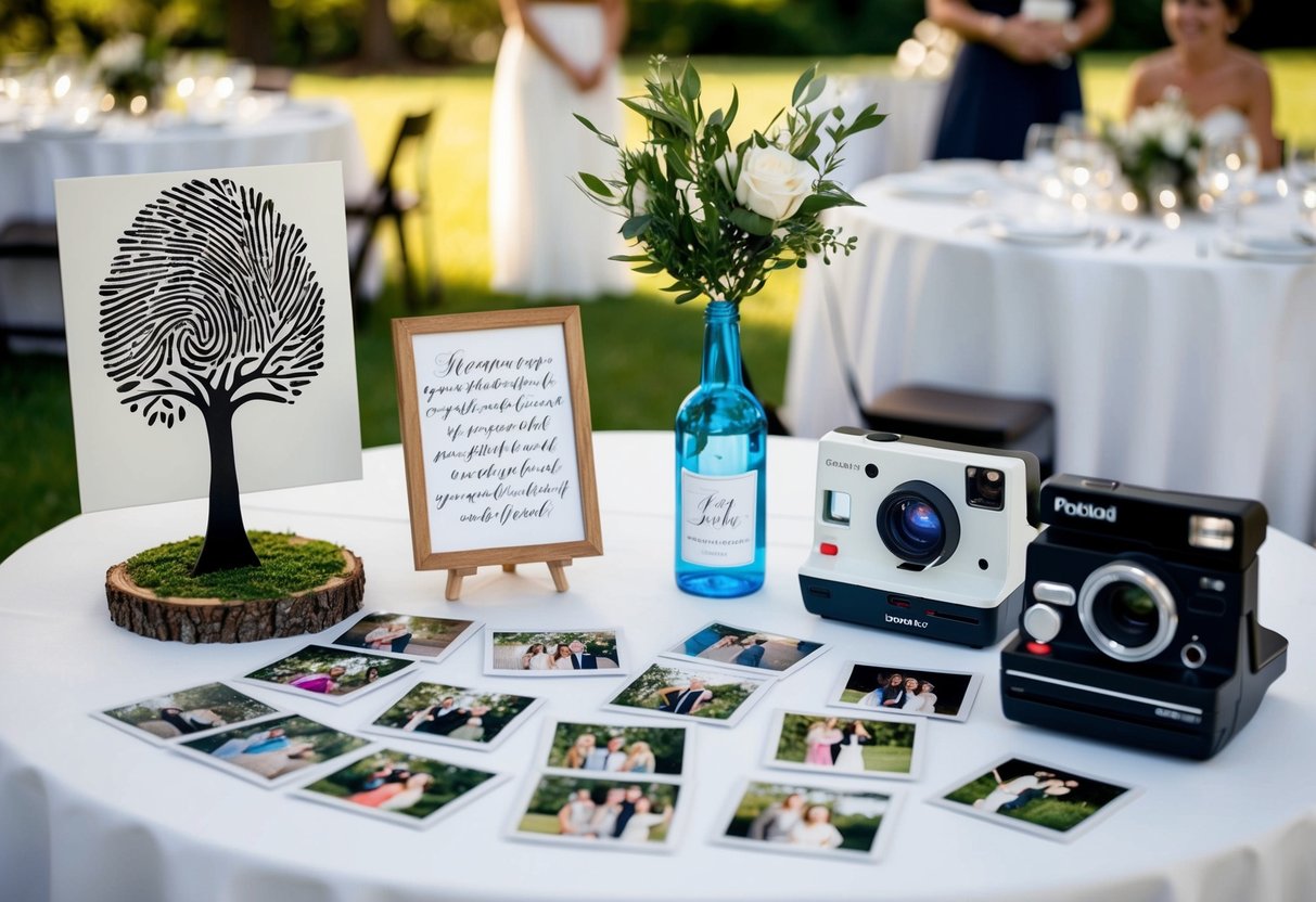 A table adorned with a variety of unique and creative alternatives to a traditional guest book, such as a fingerprint tree, a message in a bottle, and a polaroid camera for guests to take photos